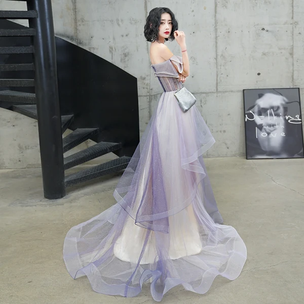 Charmant Violet Glitter Robe De Soirée 2020 Princesse De l'épaule Perlage En Dentelle Fleur Manches Courtes Dos Nu Train De Balayage Robe De Ceremonie