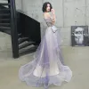 Charming Purple Glitter Evening Dresses  2020 A-Line / Princess Off-The-Shoulder Beading Lace Flower Short Sleeve Backless Sweep Train Formal Dresses