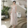 Modern / Fashion Blushing Pink Lace Flower Bridesmaid Dresses 2021 A-Line / Princess Scoop Neck Short Sleeve Backless Floor-Length / Long Bridesmaid Wedding Party Dresses