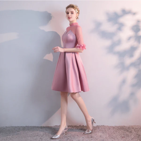Chic / Beautiful Candy Pink Homecoming Graduation Dresses 2020 A-Line / Princess High Neck 1/2 Sleeves Knee-Length Formal Dresses