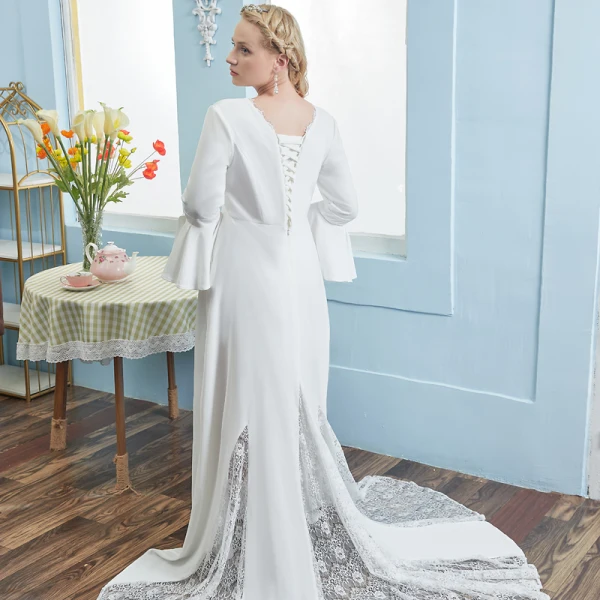 Simple Ivoire En Dentelle Grande Taille Robe De Mariée 2021 Trompette / Sirène Encolure Carrée Manches de cloche Dos Nu Tribunal Train Mariage