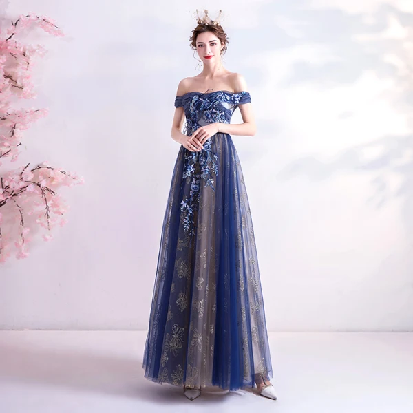 Élégant Bleu Marine Robe De Soirée 2020 Princesse Glitter De l'épaule Perlage En Dentelle Fleur Sans Manches Dos Nu Longue Robe De Ceremonie