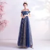 Elegant Navy Blue Evening Dresses  2020 A-Line / Princess Glitter Off-The-Shoulder Beading Lace Flower Sleeveless Backless Floor-Length / Long Formal Dresses