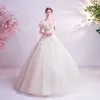 Charming Ivory Wedding Dresses 2020 Ball Gown Off-The-Shoulder Glitter Beading Sequins Lace Flower Appliques Short Sleeve Backless Floor-Length / Long