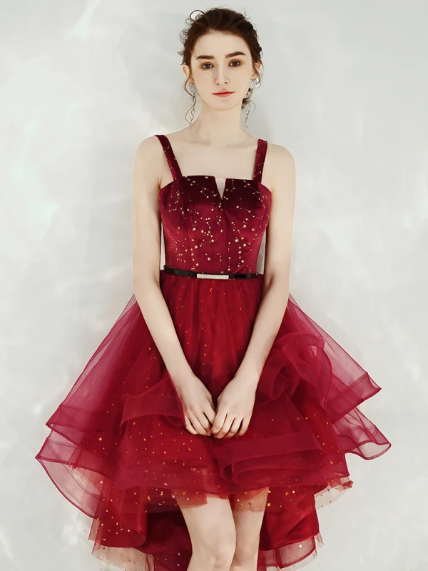 Fashion Burgundy Homecoming Graduation Dresses 2020 A-Line / Princess Suede Spaghetti Straps Star Sequins Rhinestone Sash Sleeveless Backless Asymmetrical Formal Dresses