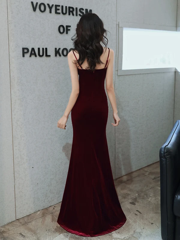 Mooie / Prachtige Bordeaux Suede Avondjurken 2020 Trompet / Zeemeermin Spaghettibandjes Rhinestone Mouwloos Ruglooze Lange Gelegenheid Jurken