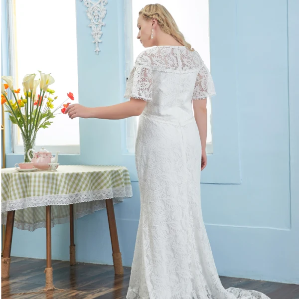 Modest / Simple Ivory Plus Size Wedding Dresses 2021 Trumpet / Mermaid V-Neck Lace Flower Short Sleeve Floor-Length / Long Wedding
