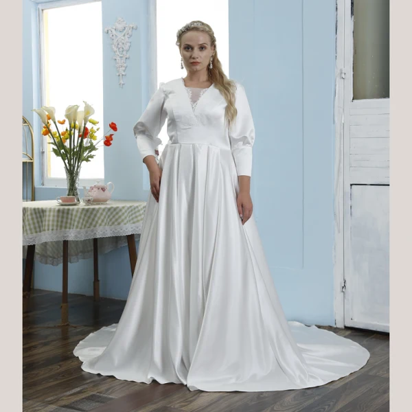 Schlicht Ivory / Creme Satin Plus Größe Brautkleider / Hochzeitskleider 2021 A Linie Eckiger Ausschnitt 3/4 Ärmel Hof-Schleppe Hochzeit