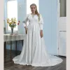 Modest / Simple Ivory Satin Plus Size Wedding Dresses 2021 A-Line / Princess Square Neckline 3/4 Sleeve Court Train Wedding