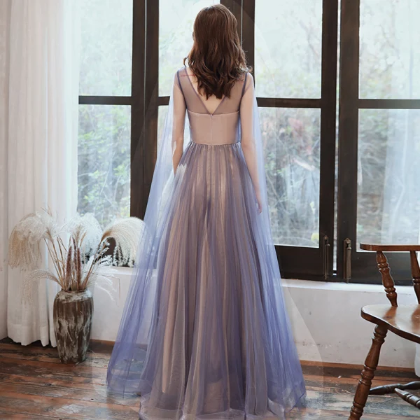 Elegant Ocean Blue Evening Dresses 2020 A-Line / Princess Scoop Neck Appliques Lace Flower Beading Sequins Sleeveless Backless Floor-Length / Long Formal Dresses