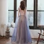 Elegant Ocean Blue Evening Dresses  2020 A-Line / Princess Scoop Neck Appliques Lace Flower Beading Sequins Sleeveless Backless Floor-Length / Long Formal Dresses