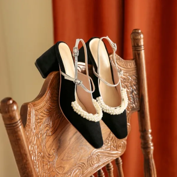 Elegante Schwarz Datierung Leder Damenschuhe 2020 Perle Knöchelriemen 7 cm Thick Heels Spitzschuh High Heels