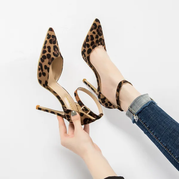 Fashion Brown Street Wear Leopard Print Womens Sandals 2020 Ankle Strap 10 cm Stiletto Heels Pointed Toe Sandals