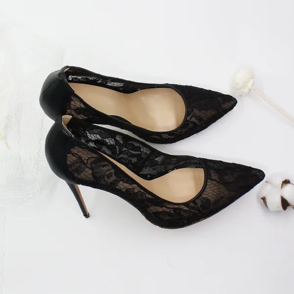 Sexy Schwarz Spitze Abend Pumps 2020 12 cm Stilettos Spitzschuh Pumps