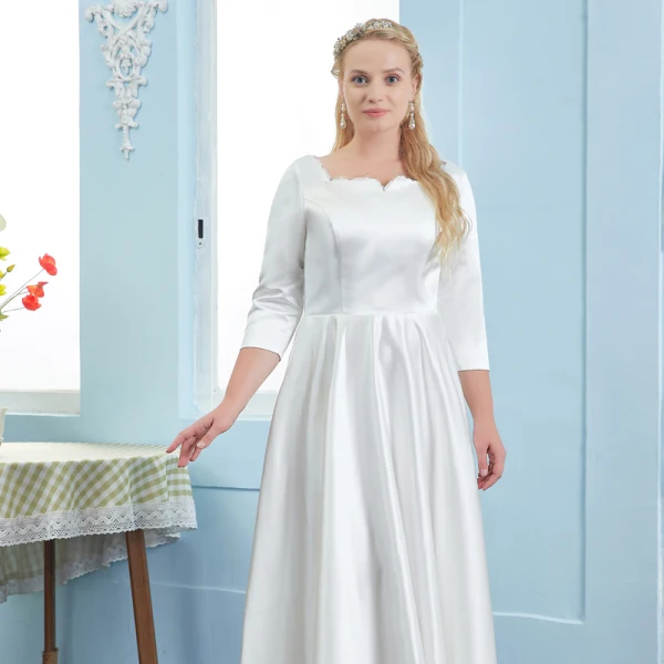 Schlicht Ivory / Creme Satin Übergröße Brautkleider / Hochzeitskleider 2021 A Linie Eckiger Ausschnitt 3/4 Ärmel Lange Hochzeit