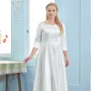 Modest / Simple Ivory Satin Plus Size Wedding Dresses 2021 A-Line / Princess Square Neckline 3/4 Sleeve Floor-Length / Long Wedding