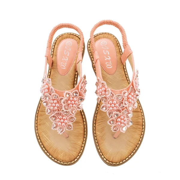 Bohême Chic / Belle Beige Désinvolte Cristal Pantoufle & Tongs 2020 En Dentelle Fleur Perle Plat Chaussures Femmes
