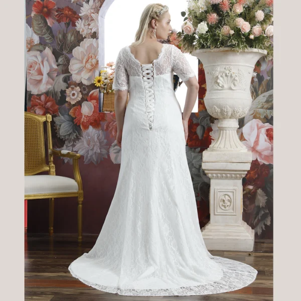Chic / Beautiful Ivory Lace Flower Plus Size Wedding Dresses 2021 Trumpet / Mermaid V-Neck Short Sleeve Floor-Length / Long Wedding