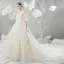 Chic / Belle Champagne Robe De Mariée 2018 Princesse En Dentelle Appliques Paillettes Encolure Dégagée Dos Nu 3/4 Manches Cathedral Train Mariage