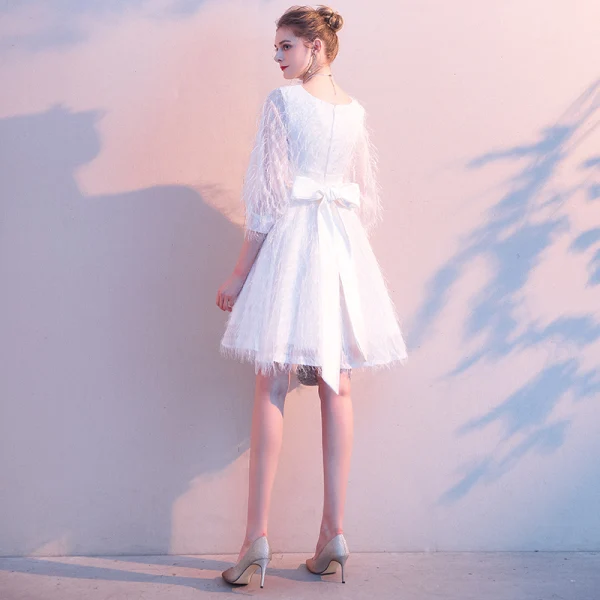 Elegante Ivory / Creme Heimkehr Quaste Abiballkleider 2020 A Linie Rundhalsausschnitt 3/4 Ärmel Schleife Kurze Festliche Kleider