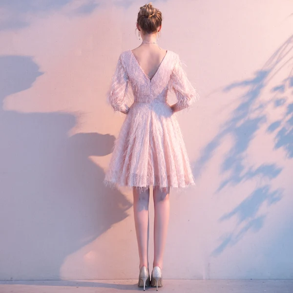 Chic / Beautiful Blushing Pink Homecoming Tassel Graduation Dresses 2020 A-Line / Princess V-Neck 1/2 Sleeves Backless Short Formal Dresses