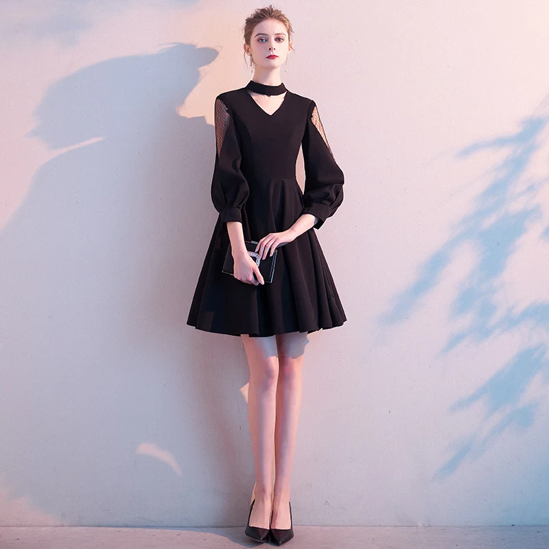 Chic Beautiful Black Homecoming Graduation Dresses 2020 A Line Princess  Scoop Neck 3 4 Sleeve Short Formal Dresses