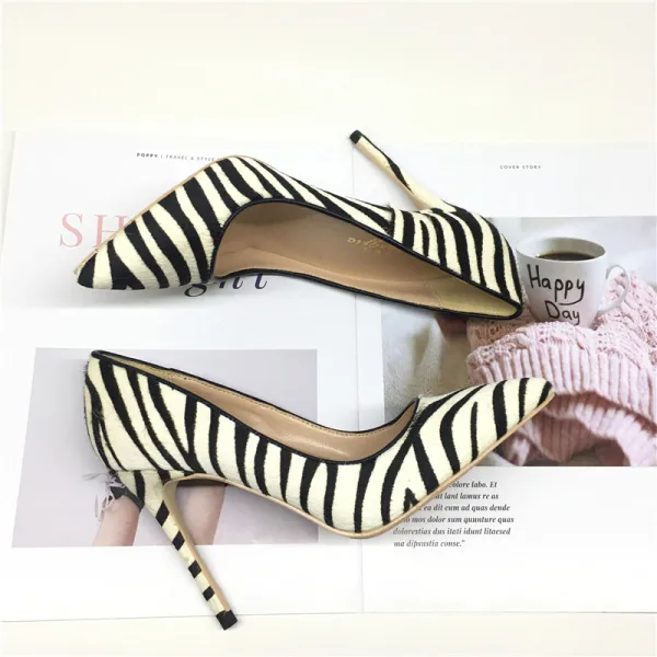 Chic / Beautiful Black White Zebra Pattern Street Wear Pumps 2020 10 cm Stiletto Heels Pointed Toe Pumps