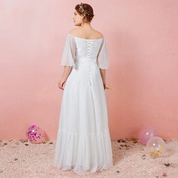 Modest / Simple White Plus Size Wedding Dresses 2021 A-Line / Princess Off-The-Shoulder 1/2 Sleeves Backless Floor-Length / Long Wedding