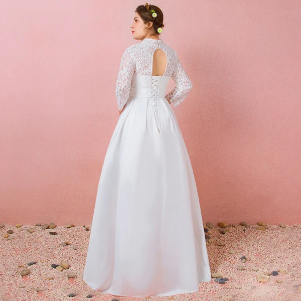 Modest / Simple Ivory Lace Flower Plus Size Wedding Dresses 2021 A-Line / Princess High Neck Long Sleeve Backless Floor-Length / Long Wedding