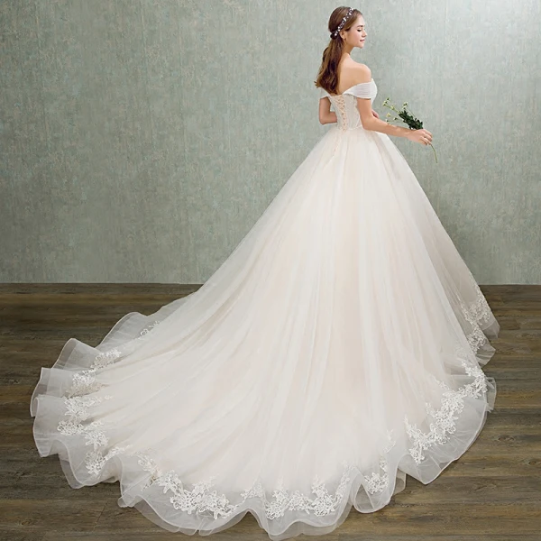 Elegant Champagne Wedding Dresses 2018 Ball Gown Lace Flower Bow Sequins Off-The-Shoulder Backless Sleeveless Cathedral Train Wedding