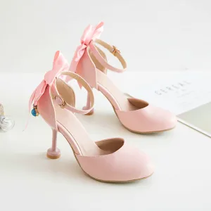 Lovely Candy Pink Dating Womens Shoes 2020 Pearl Bow Ankle Strap Round Toe 9 Cm Stiletto Heels Heels