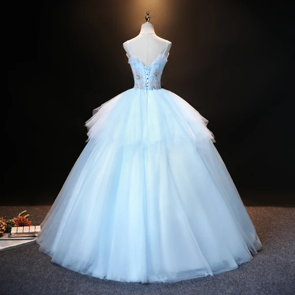Élégant Bleu Ciel Robe De Bal 2021 Robe Boule Bretelles Spaghetti Perle Faux Diamant En Dentelle Fleur Sans Manches Dos Nu Longue Promo Robe De Ceremonie