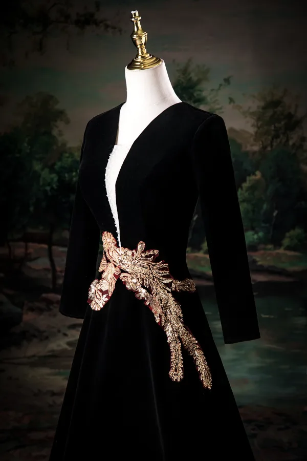 Vintage / Retro Black Beading Lace Flower Prom Dresses 2025 A-Line / Princess V-Neck Long Sleeve Backless Floor-Length / Long Prom Formal Dresses