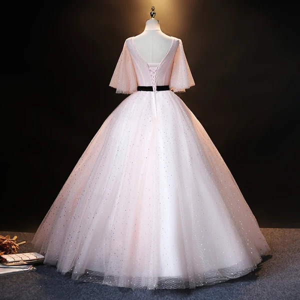 Elegant Blushing Pink Pearl Rhinestone Lace Flower Prom Dresses Ball Gown Backless 2021 Scoop Neck Bow Sash 1/2 Sleeves Floor-Length / Long Prom Formal Dresses