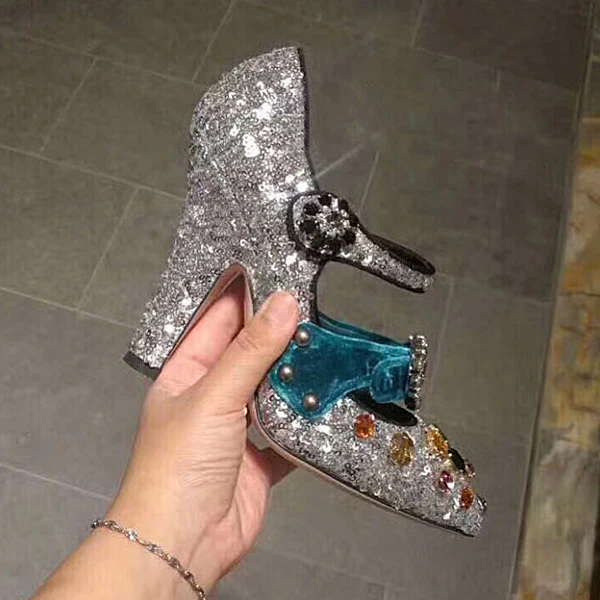 Fantaisie Scintillantes Argenté Paillettes Escarpins 2020 Désinvolte Cuir Cristal Daim 9 cm Talons Épais À Bout Pointu Escarpins
