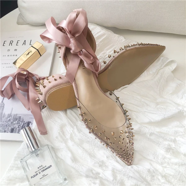 Chic / Belle Rose Bonbon Désinvolte Plate Chaussures Femmes 2020 Noeud Rivet À Bout Pointu