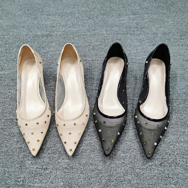 Chic / Beautiful Beige Casual Tulle Pumps 2020 Rivet 4 cm Stiletto Heels Low Heel Pointed Toe Pumps