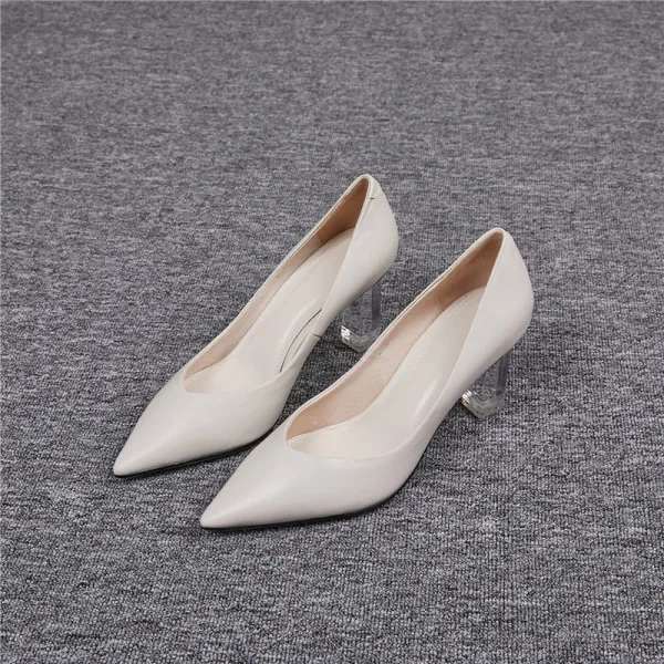 Modest / Simple Fuchsia Office OL Pumps 2020 Leather 6 cm Crystal Thick Heels Pointed Toe Pumps