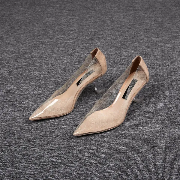 Transparent Beige Abend Pumps 2020 Leder Spitze 6 cm Kristall Thick Heels Spitzschuh Pumps