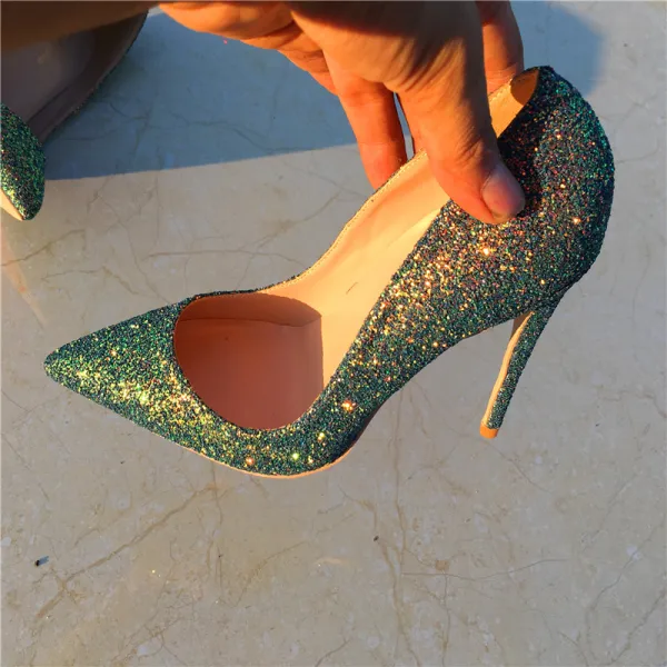 Glitzernden Grün Abend Pumps 2020 Glanz Pailletten 12 cm Stilettos Spitzschuh Pumps