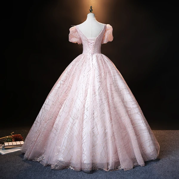 Vintage / Originale Rougissant Rose Perle Paillettes En Dentelle Fleur Robe De Bal Robe Boule 2021 V-Cou Gonflée Manches Courtes Dos Nu Longue Promo Robe De Ceremonie