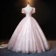 Vintage / Originale Rougissant Rose Perle Paillettes En Dentelle Fleur Robe De Bal Robe Boule 2021 V-Cou Gonflée Manches Courtes Dos Nu Longue Promo Robe De Ceremonie