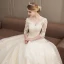 Chic / Belle Champagne Robe De Mariée 2018 Robe Boule En Dentelle Appliques Paillettes V-Cou Dos Nu 1/2 Manches Cathedral Train Mariage