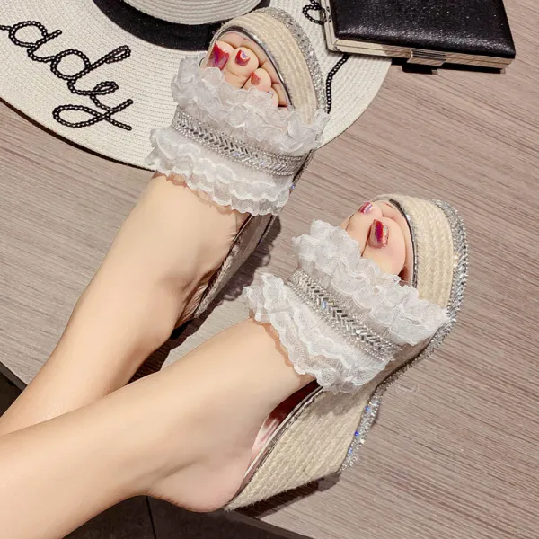 Chic / Beautiful Gold Beach Womens Sandals 2020 Lace Rhinestone 11 cm Wedges Open / Peep Toe Sandals