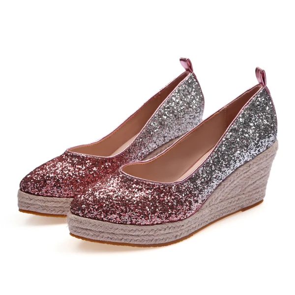 Glittrande Gradient-Färg Fuchsia Casual Fläta Damskor 2020 Paljetter 7 cm Kilklackar Spetsiga