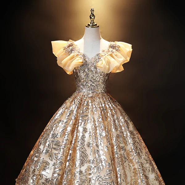 Sparkly Gold Sequins Prom Dresses 2021 Ball Gown V-Neck Lace Flower Rhinestone Ruffle Short Sleeve Backless Floor-Length / Long Prom Formal Dresses