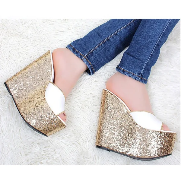 Unique Noire Doré Club de carnaval Sandales Femme 2020 Paillettes 15 cm Compensées Peep Toes / Bout Ouvert Sandales
