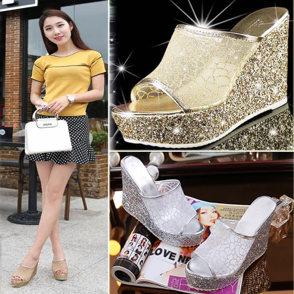 Sparkly Gold Summer Evening Party Womens Sandals 2020 Glitter Sequins 9 cm Wedges Open / Peep Toe Sandals