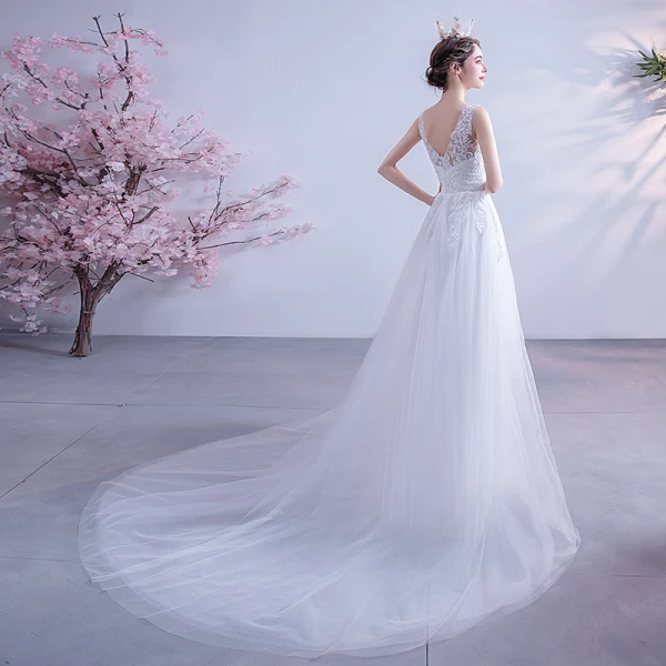 Abordable Blanche Robe De Mariée 2020 Princesse V-Cou Faux Diamant En Dentelle Fleur Appliques Sans Manches Dos Nu Tribunal Train