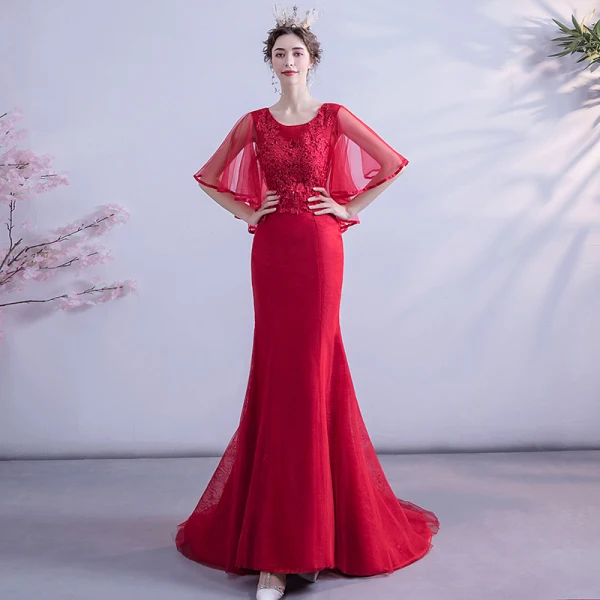 Chic / Beautiful Burgundy Evening Dresses 2020 Trumpet / Mermaid Scoop Neck Beading Sequins Lace Flower 1/2 Sleeves Backless Sweep Train Formal Dresses